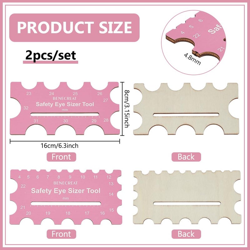 BENECREAT 2Pcs Wood Safety Eyes Sizer Tool, 4~32mm Pink Eye Measuring Ruler, Plush Bear Eye Installation, Doll Crochet Tool, DIY Craft Tool Set - Image 2